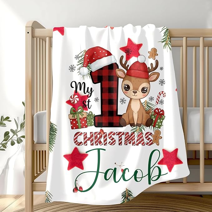 Personalized Baby's First Christmas Blanket, Custom Velveteen Boy Baby Name Christmas Blanket, Soft Fleece Or Sherpa Throw, Baby Shower, Made in USA