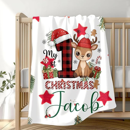 Personalized Baby's First Christmas Blanket, Custom Velveteen Boy Baby Name Christmas Blanket, Soft Fleece Or Sherpa Throw, Baby Shower, Made in USA