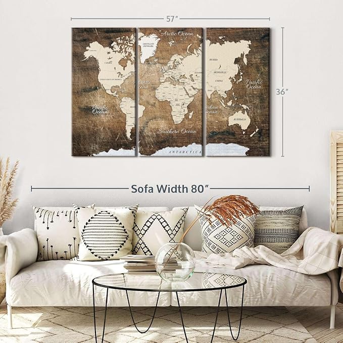 ElephantStock Aged Brown World Map I Wall Art - 3 Piece Canvas World Map Wall Decor - Ready-to-Hang Canvas Print - Vintage Wall Art - 57" X 36"
