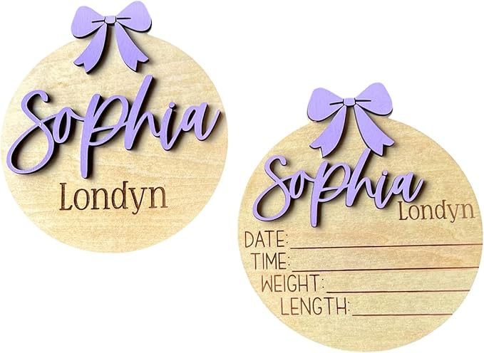 Personalized Bow 3D Baby Girl Name Announcement Sign – Custom Newborn Birth Stats – Hospital Photo Prop – Multiple Sizes & Fonts – 30 Color Options (Name Sign + Stat Sign Bundle)