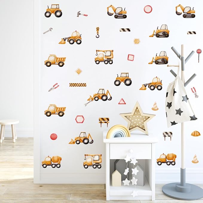 Construction Vehicle Wall Stickers, Watercolor Excavator Bulldozer Crane Truck Vinyl Wall Decals, Removable Engineering Car Artwork Wall Art for Boys Bedroom Playroom Decor