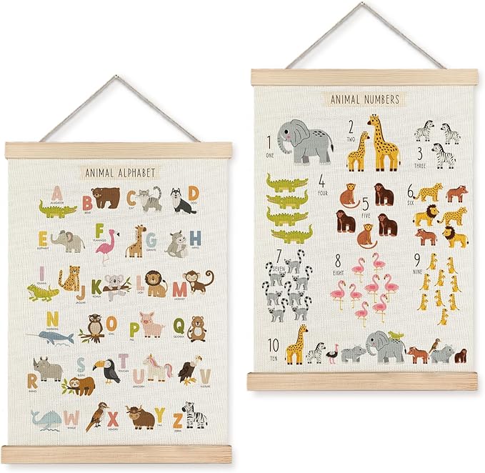 LUVADIAN Alphabet Numbers Educational Poster - Classroom Nursery Wall Decor Poster Hanger Frame Set of 2, Woodland Animals Nursery Decor, Toddler Learning Posters for Nursery Kids Room,12x16 Inches
