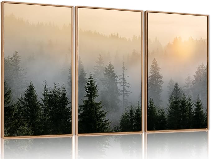 FWIEXA Misty Forest Wall Art Set Framed, Large Mountains Canvas Wall Decor, Green Nature Wall Painting, Foggy Tree Landscape Artwork 3 Panel 24x36 Inches for Living Room, Bedroom, Office, Gift