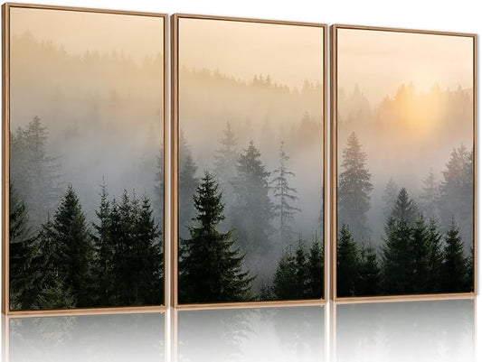 FWIEXA Misty Forest Wall Art Set Framed, Large Mountains Canvas Wall Decor, Green Nature Wall Painting, Foggy Tree Landscape Artwork 3 Panel 24x36 Inches for Living Room, Bedroom, Office, Gift
