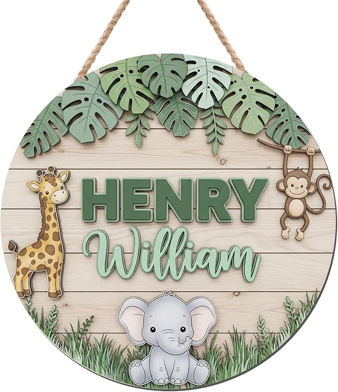 Personalized Jungle Theme Wooden Name Sign – Custom Animal Nursery Decor with Giraffe, Monkey, and Elephant Teen Bedroom Decor Nursery Decoration for Boys and Girls