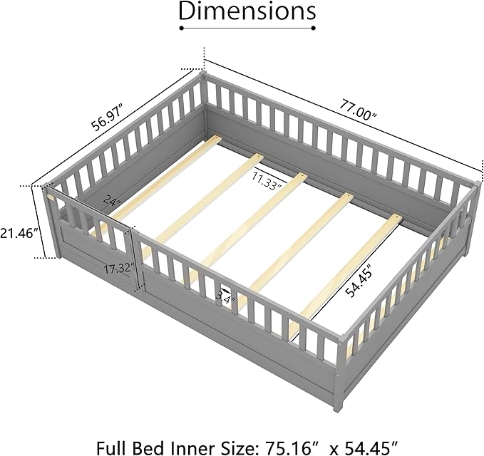 Full Floor Bed with Slats, High Fence and Door, Montessori Floor Bed Full Size, No Box Spring Needed, Easy Assemble Floor Bed(Gray Full)