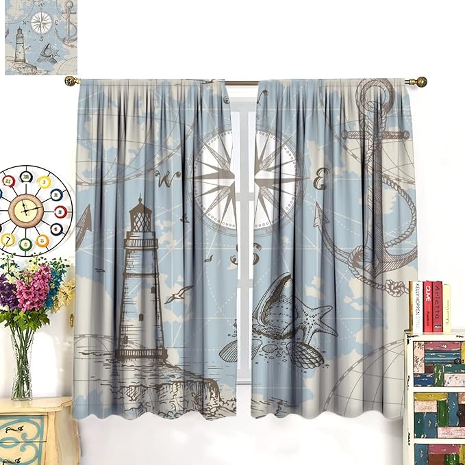 Nautical Theme Window Curtains,Pirate Sailboat Curtains for Bedroom,Conch Starfish Print Draperies for Living Room,Ocean Window Treatment Curtains Set 2 Panels,72x63 Inches