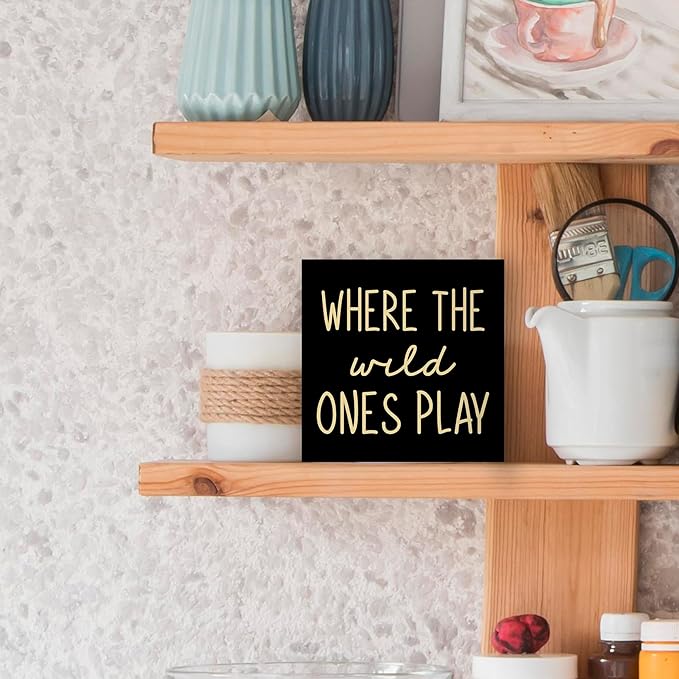 Where The Wild Ones Play Black Yellow Wood Box Sign Desk Decor 5X5, Nursery Kids Room Wooden Block Sign Decorations for Playroom Toddler Room Wall Tabletop Shelf Decor