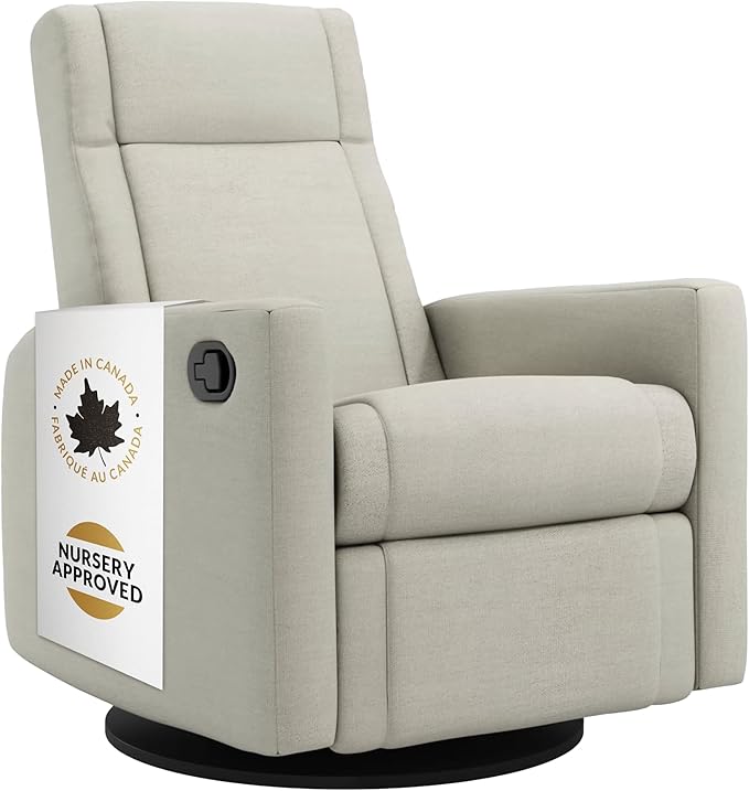 Jaymar Nelly Modern Nursery Glider Recliner Chair – Cozy Nursing Chair with 360° Swivel for New Parents, Gentle Motion, Compact Design, Lumbar Support – Made in Canada (Sand/Como Fabric)