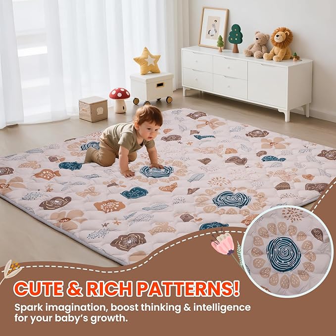 Baby Play Mat for Floor,50x50 Inch Soft Padding Crawling Mat for Playpen, Foldable and Machine Washable, Thick for Babies & Toddlers,Boho Flower
