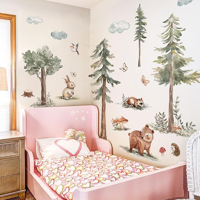 Large Forest Cute Animals Wall Decals - Woodland Pine Tree with Rabbits Birds Peel and Stick Wall Art for Kids Room Nursery Bedroom Living Room Decor
