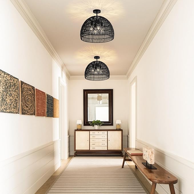 Rattan Ceiling Light Fixture, 4-Light Boho Semi Flush Mount Ceiling Light, 20" Wicker Light Fixture with Handmade Woven Cage Lampshade, Rattan Chandelier for Bedroom Hallway Nursery Kitchen Farmhouse