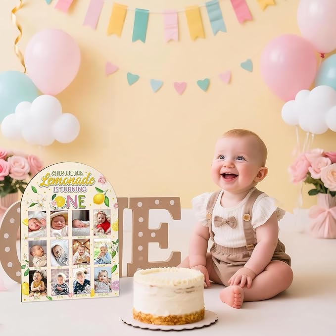 R HORSE My First Year Photo Display Wood Board - Baby’s First Year Picture Frame, 12 Months Milestone Board, 3D Lemon Neutral Baby Keepsake Gift One Year Old Birthday Nursery Decor for Girl Boy
