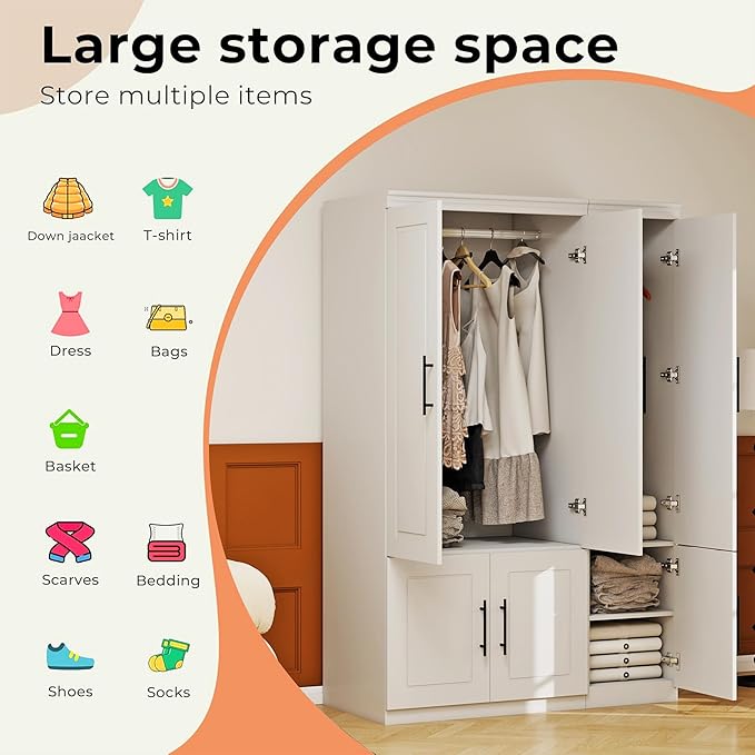 3 Door Armoire Wardrobe Closet with Mirror: White Wood Wardrobe Closet Cabinet Wooden Bedroom Armoire with Hanging Rods for Home/Bedroom/Living Room