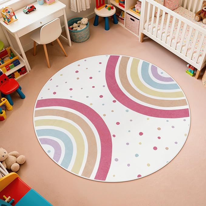 STARUIA Round Rainbow Rug for Girls Bedroom, 4 Ft Washable Kids Rug for Baby Nursery, Non-Slip Circle Area Rug Colorful Princess Carpet for Teen Dorm Playroom Tent