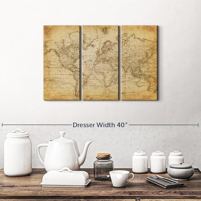 ElephantStock Old Century World Map Wall Art Multi Piece Canvas - 3 Piece Canvas World Map Wall Decor - Wall Decor - Ready-to-Hang Print - Vintage Wall Art - 23" X 14"