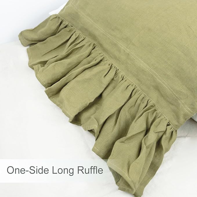 Olive Green Ruffles Linen Pillowcase, 100% French Linen Pillow Cover, King Size 1 Piece Farmhouse Shabby Chic Pillow Case, 20''x36'' Pillowcase with Decorative Ruffle Envelope Closure