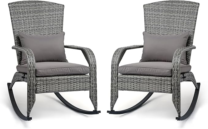 Outdoor Rocking Chair Set of 2- Outdoor Glider Rattan Rocker Chair with Heavy-Duty Steel Frame- All Weather Rocker Chair for Garden, Porch, Backyard, Poolside (Grey, 320lbs)