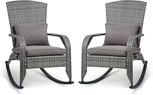 Outdoor Rocking Chair Set of 2- Outdoor Glider Rattan Rocker Chair with Heavy-Duty Steel Frame- All Weather Rocker Chair for Garden, Porch, Backyard, Poolside (Grey, 320lbs)