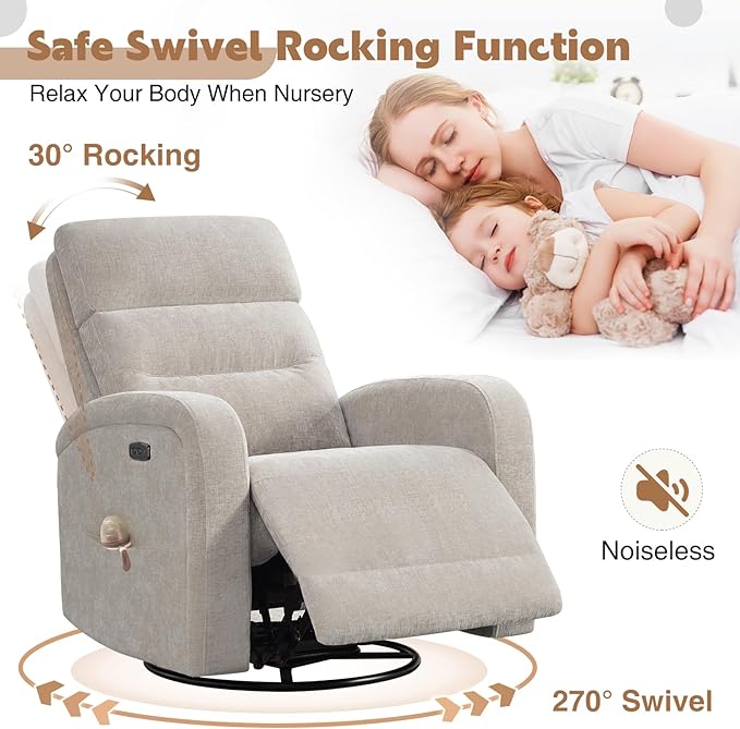 Glider Recliner Nursery Chair, Power Swivel Rocker Recliner with Adjustable Backrest Support, Swivel Rocking Nursery Recliner Chairs with USB and Type-C Ports for Living Room, Chenille Camel