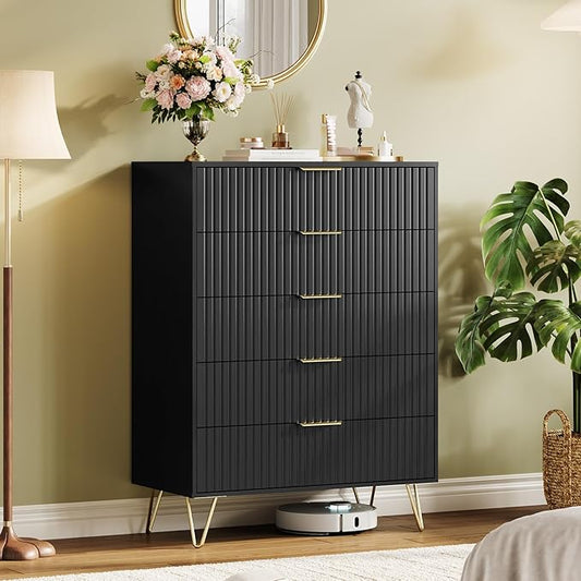 Garvee Fluted Dresser for Bedroom with 5 Drawers,32" Wide Modern Chest of Wooden Bedroom Chest with Metal Handle,Wide Clothes Storage Organizer,Closet Dresser & TV Stand for Living Room,Hallway,Black