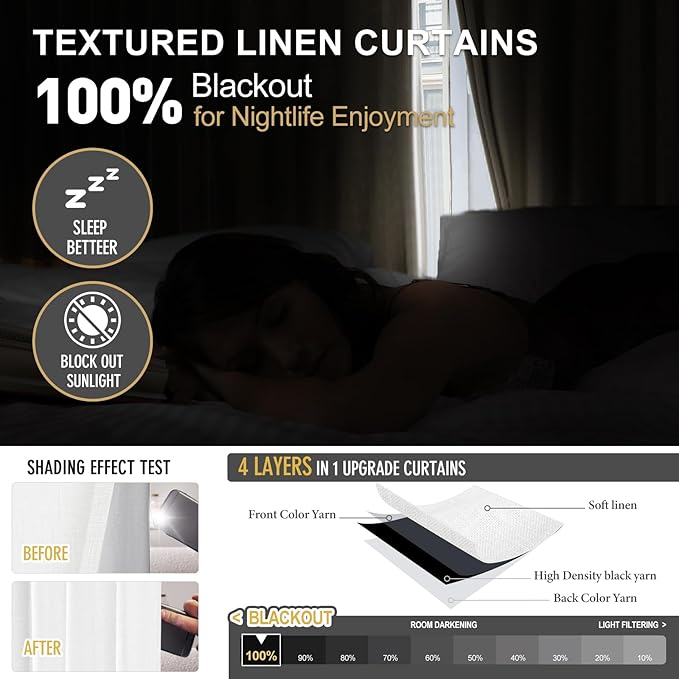 IVAPUPU Pinch Pleated Linen Blend Blackout Curtains for Bedroom - Ivory Full Black Out Curtains 95 Inch 2 Panels Set for Living Room Darkening Thermal Window Curtain Drapes with 16pc Hooks
