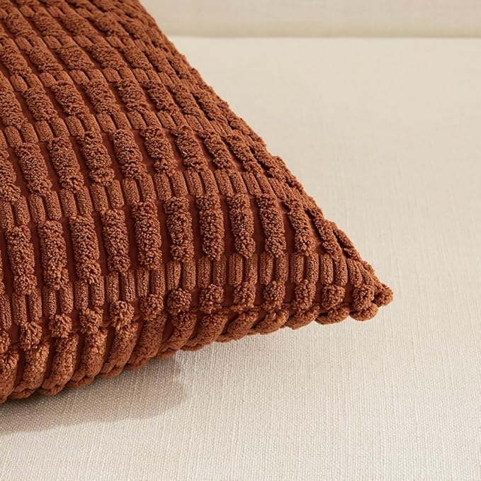 Fancy Homi 2 Packs Rust Decorative Throw Pillow Covers 22x22 Inch for Living Room Couch Bed Sofa, Terracotta Rustic Farmhouse Boho Home Decor, Soft Striped Corduroy Square Cushion Case 55x55 cm