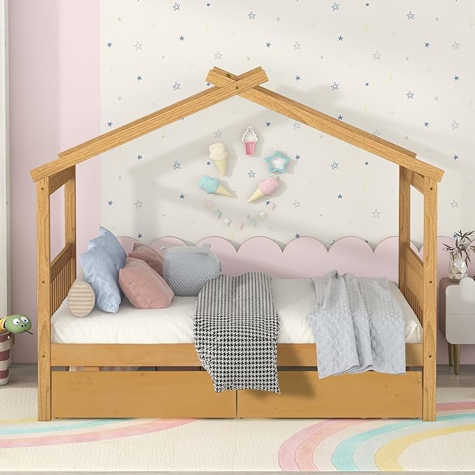 Merax Full Size Wooden House Bed with Two Drawers, Wood Bed Frame with Roof for Kids, Teens, Boys or Girls, Natural