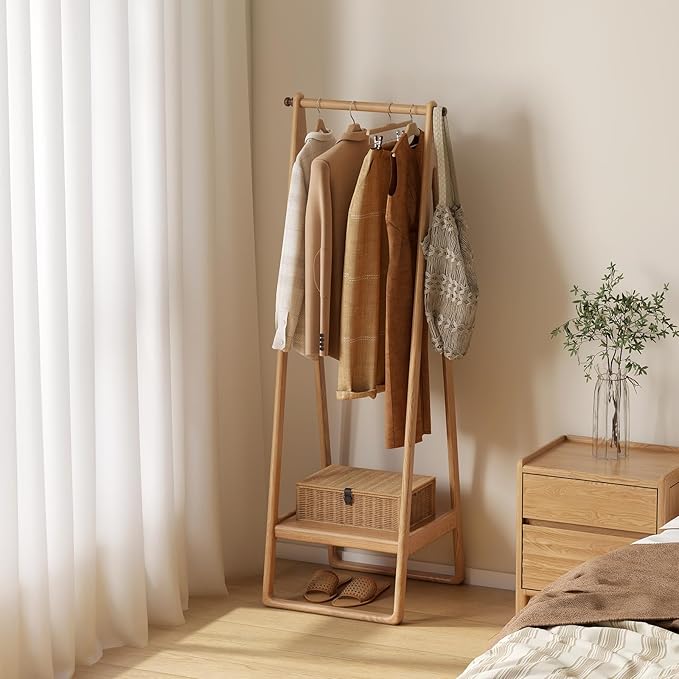 Solid Oak Wood Clothes Rack, Garment Rack with Shelves, Wooden Clothing Rack for Bedroom, Living Room, Entryway, 19" x 20" x 59", Natural