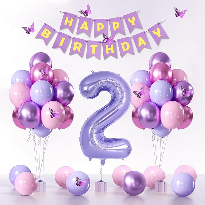 2nd Birthday Decorations for Girl -12 inch Purple Pink Balloons, 40 Inch Purple 2 Balloon,3D Butterflies Stickers, Happy Birthday Banner for Baby Girl 2 Year Old BD Party Decorations