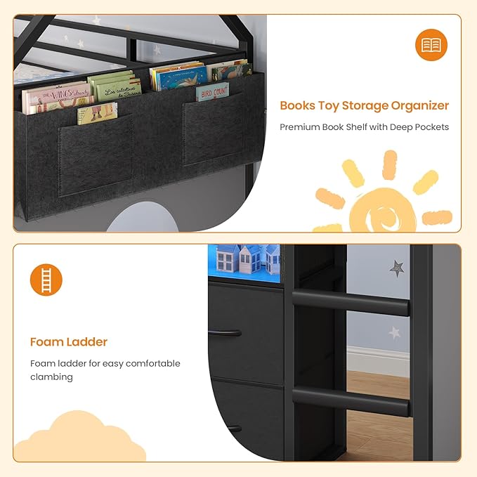 BTHFST Twin Size Loft Bed for Kids, 8 Storage Drawers & LED Lights, House Shaped Metal Bed with Bookcase, Soft Foam Ladder, 13.4" Safety Guardrail, Space Saving, Fun Curtain