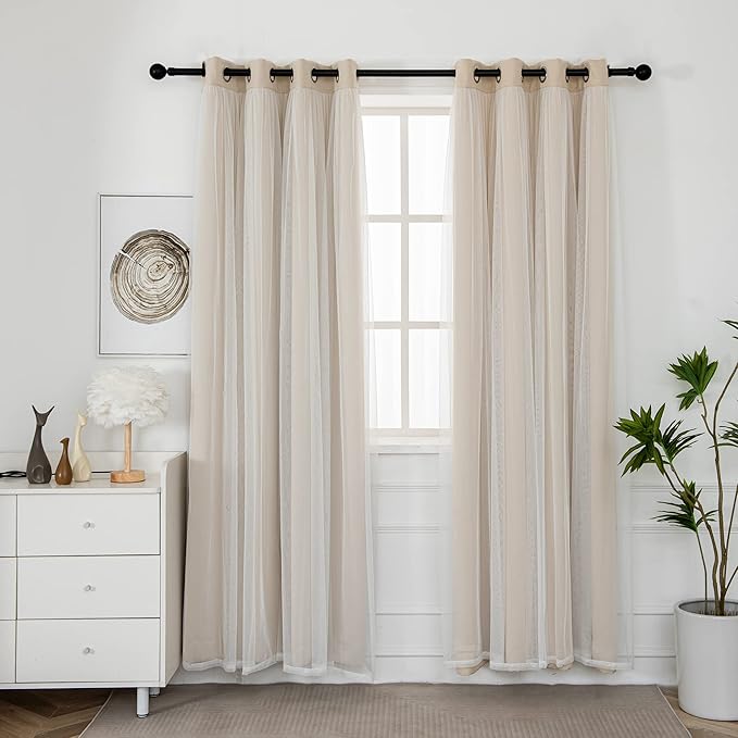 INLINAS Beige Blackout Curtains with Sheer Overlay - Grommet Top Thermal and Noise Reduction Panels for Bedroom and Living Room Light Blocking and Energy Saving, 52 x 108 Inches, Set of 2