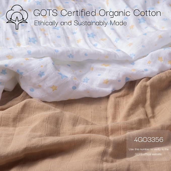 Salt Earth 100% Organic Cotton Muslin Standard Fitted Crib Sheet, 52"x28", 2 Pack Soft Breathable Natural Cotton Sheets Baby Mattress Bed Sheets, No Slip Neutral Baby Crib Sheet (Beige & Blue Star)