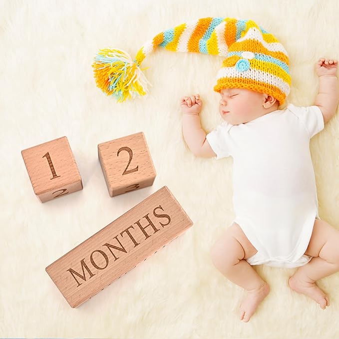 Baby Monthly Milestone Blocks - Handcrafted Wooden Number Blocks for Milestones - Days, Weeks, Months, Years - Ideal for Newborn Photos & First Year Memories