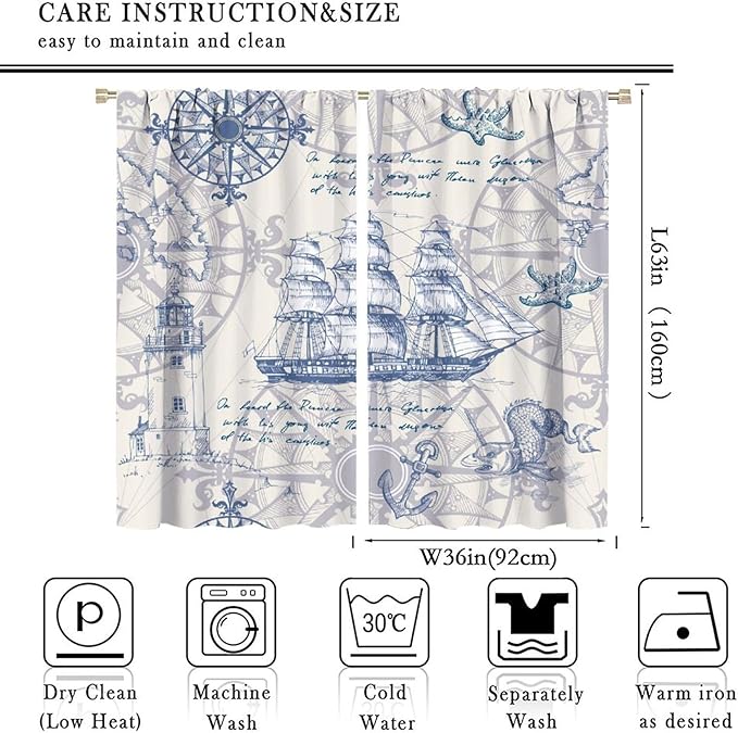 Nautical Sailboat Map Curtain,Ship Compass Lighthouse Anchor Decorative Curtain Polyester Fabric Waterproof Bedroom Curtain Set 2 Panels,72x63 Inches