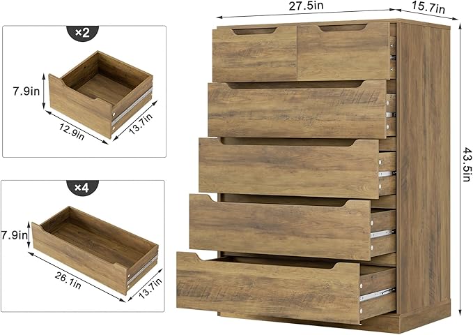 HOSTACK Modern 6 Drawer Dresser for Bedroom, Tall Chest of Drawers with Storage, Large Wood Storage Chest Organizers with Cut-Out Handles, Accent Storage Cabinet for Living Room, Hallway, Rustic Brown