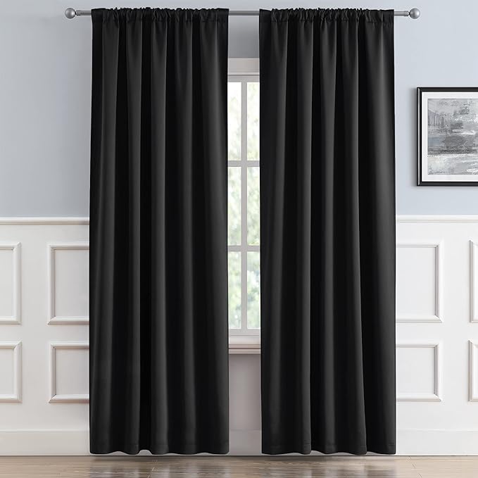 DUALIFE Black Blackout Thermal Insulated Curtains Heat Blocking Energy Saving Curtains 72 Inches Long 2 Panels Set Back Tab Rod Pocket