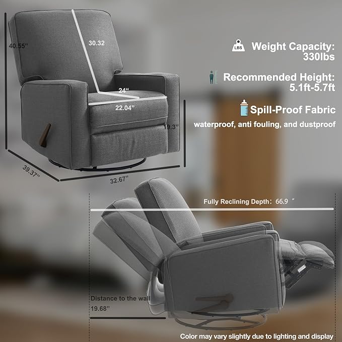 Harkawon Swivel Rocker Recliner Chair, Glider Rocker Recliner, Rocking Chair Nursery, Fabric Chair with High Back, Deep Seat, for Living Room, Bedroom (Dark Grey+Brown)