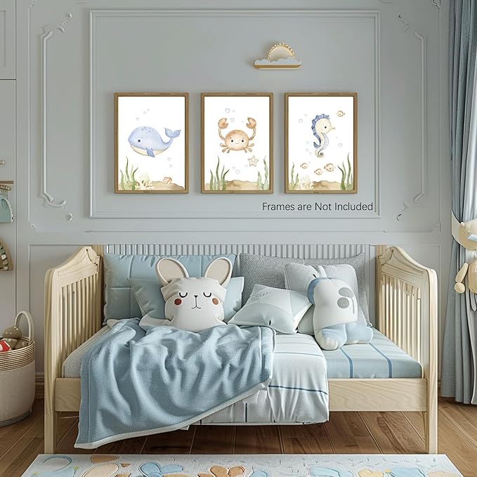 Wodkwq Nursery Wall Art Sea Animal Canvas Prints Baby Girl Boy Room Decor Watercolor Paintings Pictures Cute Ocean Theme Toddler Room Decoration Set of 3 for Kids Bedroom Bathroom 16x24in Unframed