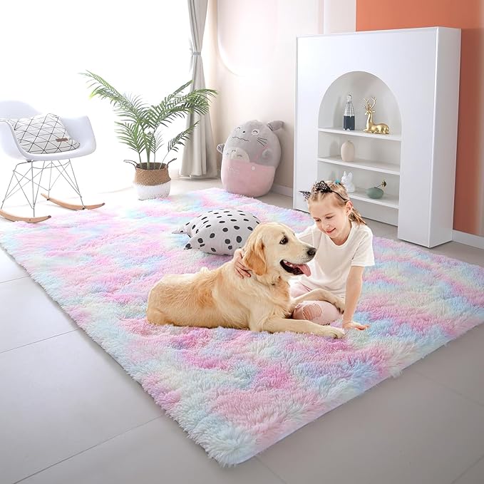Rainbow Rugs for Girls Bedroom Living Room,8x10 Feet Shag Fuzzy Area Rug for Kids Playroom,Pastel Plush Shaggy Carpet for Nursery Baby Toddler Dorm Room