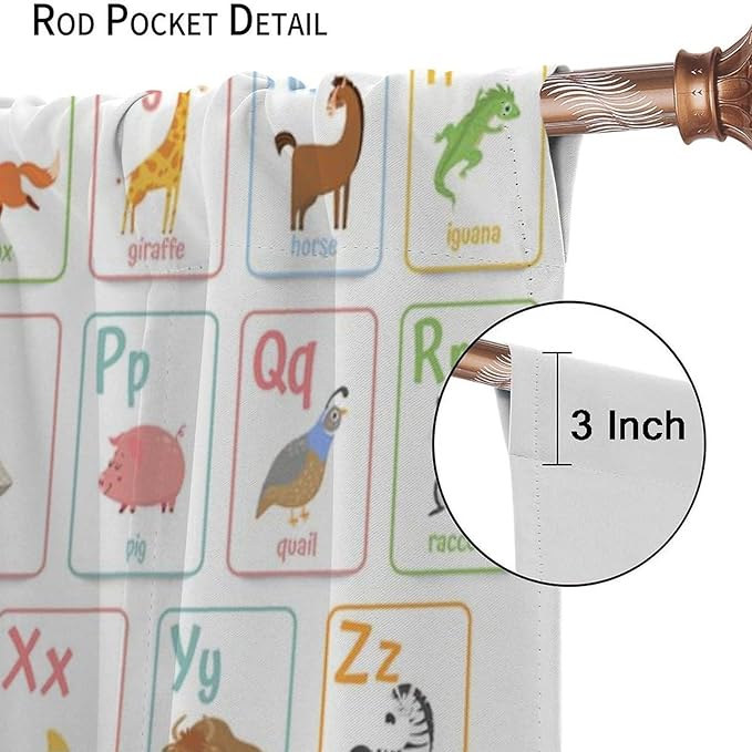 Alphabet Learning Curtain for Kids, Colorful Cartoon Animal Multiplication Table Educational, Classroom Child Printed Rod Pocket Window Drapes for Bedroom Living Room Decor 42" W X 45" L