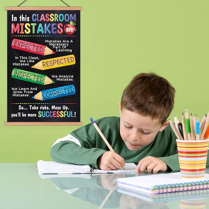 KAIRNE Kids Classroom Mistake Educational Poster With Wood Magnetic Hanger,Inspirational Quote Hanging Wall Art(35X56CM) Child Positive Canvas Art Print For Kids Room Classroom School Playroom Decor