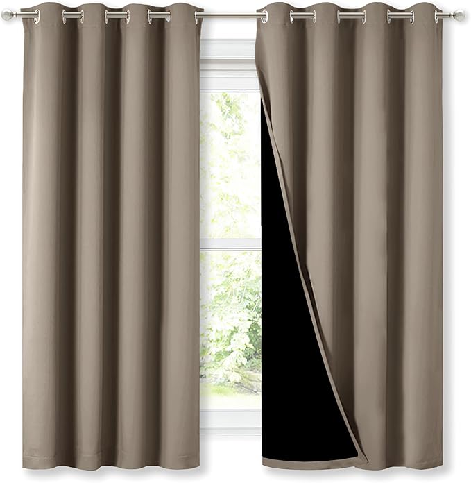 NICETOWN 100% Blackout Curtains with Black Liners, Thermal Insulated Full Blackout 2-Layer Lined Drapes, Energy Efficiency Window Draperies for Bedroom (Taupe, 2 Panels, 52-inch W by 63-inch L)