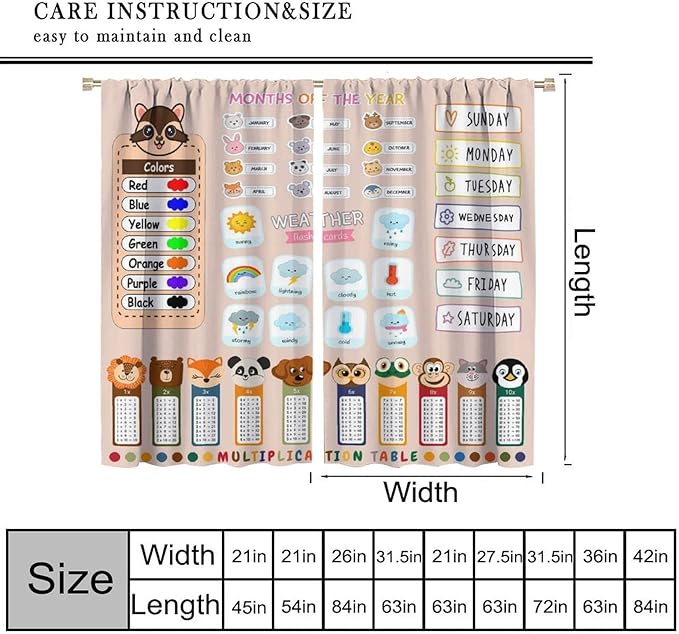 Funny Kids Educational Alphabet Curtain Cartoon Colorful Weather Multiplication Table Printed Rod Pocket Blackout Window Treatments for Bedroom Living Room 63" W X 63" L