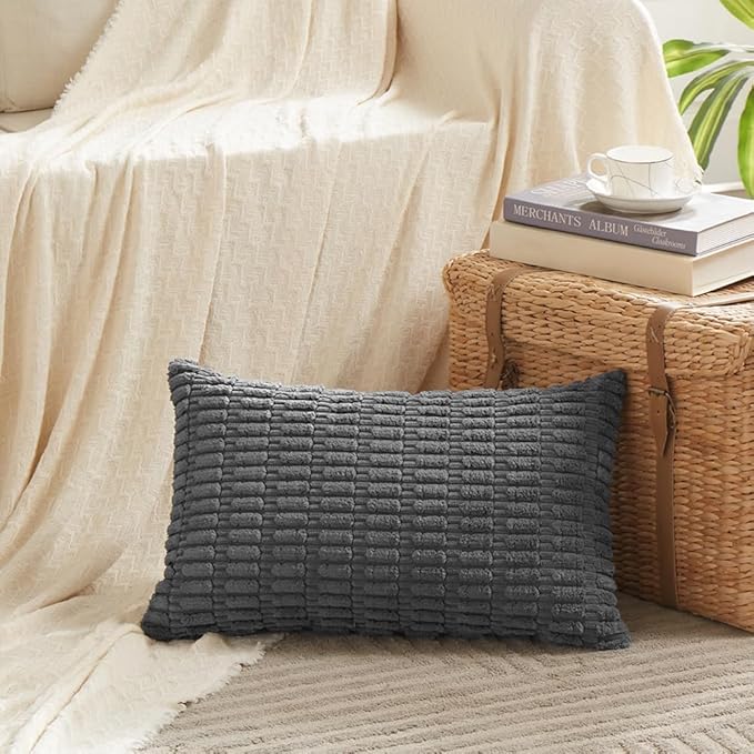Fancy Homi 2 Packs Dark Grey Lumbar Decorative Throw Pillow Covers 16x24 Inch for Living Room Couch Bed Sofa, Rustic Farmhouse Boho Home Decor, Soft Striped Corduroy Rectangle Cushion Case 40x60 cm