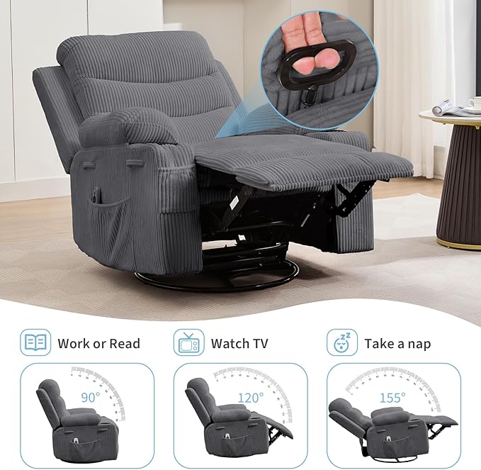 Recliner Chair Nursery, Oversized Manual Reclining Rocking Chair, 360 Swivel Glider with Cup Holder, Massage and Heat Recliner, Indoor Small Single Sofa Chairs for Adults, RV, Bedroom, Corduroy Gray