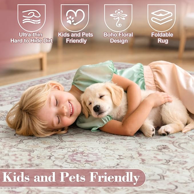 Wonnitar Vintage Floral Rugs for Bedroom Girls, 5x7 Washable Pink Nursery Rug for Baby, Ultra-Thin Non Slip Soft Medallion Carpet for Aesthetic Decor Toddler Kids Room Living Room