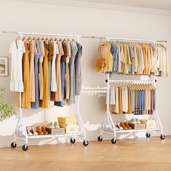 Double Rods Clothing Rack, Heavy Duty Clothes Rack for Hanging Clothes Load 560LBS, Metal Rolling Garment Racks with Wheels, Freestanding Clothes Hanging Racks, White