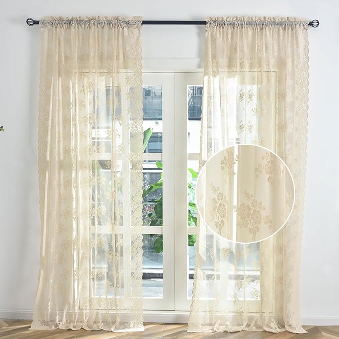 Kotile Beige Lace Curtains 54 Inch Length 2 Panels Set, Country Rustic Floral Patterned Vintage Short Lace Curtains for Bedroom, Rod Pocket Light Filtering Privacy Sheer Curtain, 42 x 54 Inch