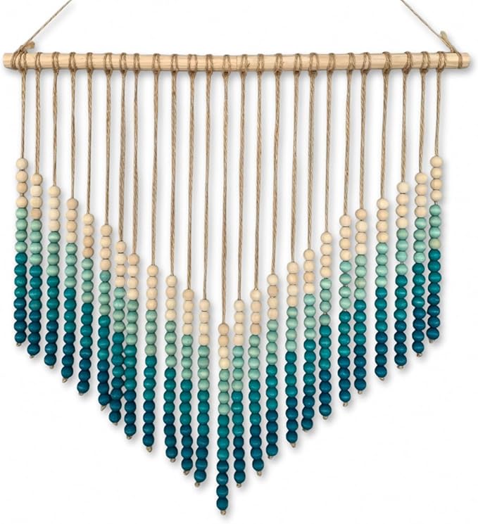 Boho Ombre Wood Bead Wall Hanging, Handmade Unique Giant Art Decor for Bedroom, Nursery, Living Room, or Entryway (V Coastal Blue Gradient, 24 Inches)